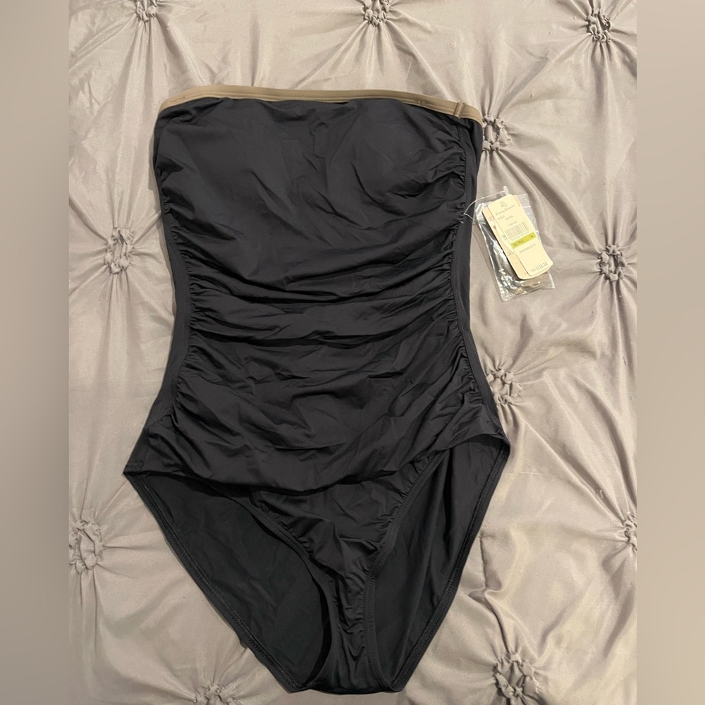 NWT Tommy Bahama One Piece Bandeau Shirred Waist Size 14 Swimsuit Black